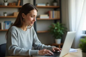 Femme accédant au portail Arena Amiens depuis son bureau à domicile sur un ordinateur portable