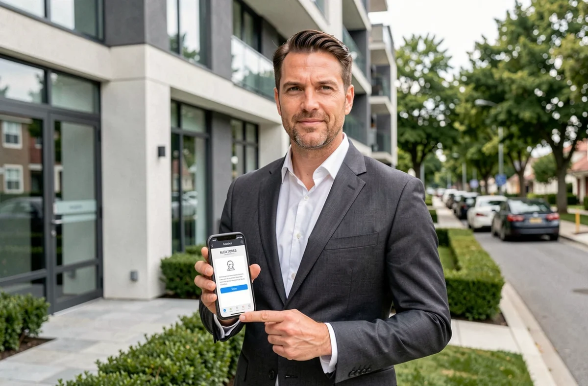 Agent immobilier tenant un smartphone avec interface de signature digitale devant un immeuble résidentiel moderne