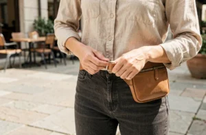 Femme ajustant la sangle de son sac banane en cuir autour de la taille dans une cour urbaine