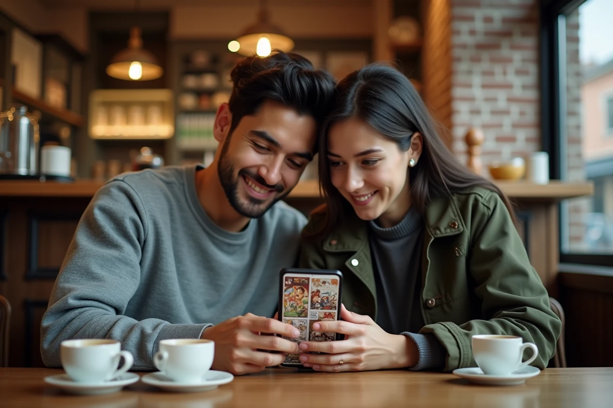 Deux amis partageant un smartphone pour lire des mangas en ligne ensemble dans un café urbain