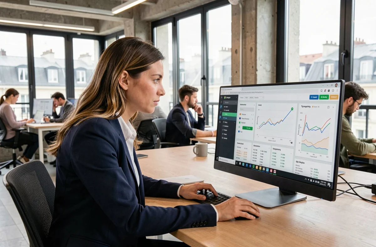 Une professionnelle du marketing digital analyse des données SEO sur un écran dans un espace de co-working parisien moderne
