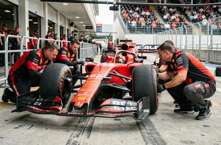 Mécaniciens effectuant un arrêt au stand lors d'une course de Formule 1, voiture de course moderne avec livrée rouge et noire sur la voie des stands