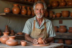 Artisan grec façonnant une poterie en terre cuite dans un atelier traditionnel de Corinthe