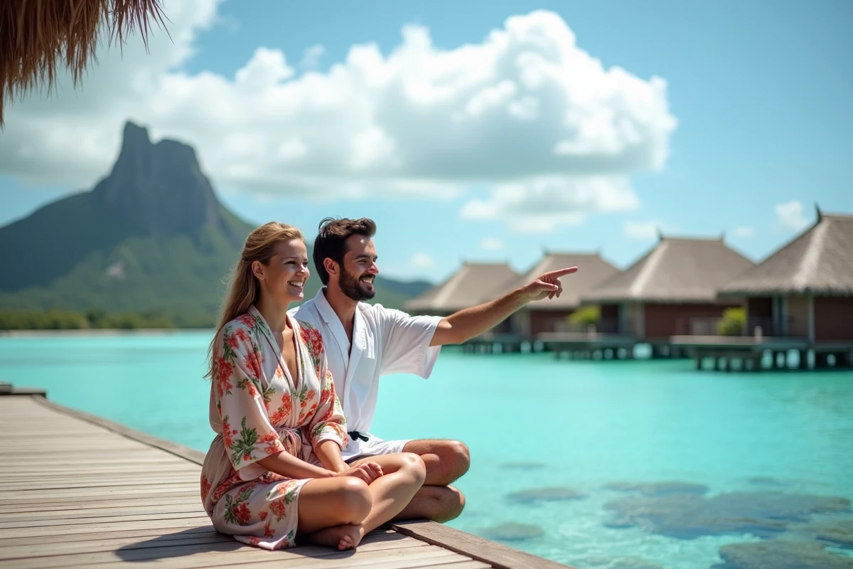 Couple en voyage de noces se reposant sur la terrasse d'un bungalow sur pilotis en Polynésie française avec lagon turquoise et montagnes en fond
