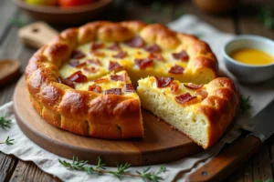 Cake salé aux lardons et gruyère coupé en tranche sur une planche en bois rustique avec thym frais