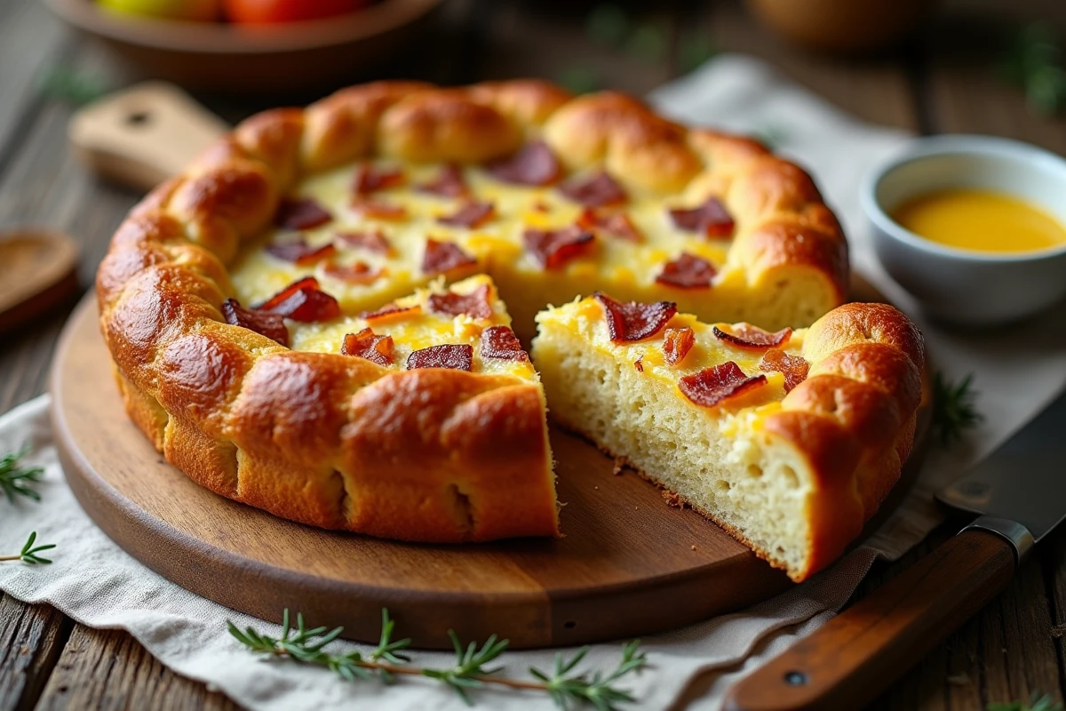 Cake salé aux lardons et gruyère coupé en tranche sur une planche en bois rustique avec thym frais