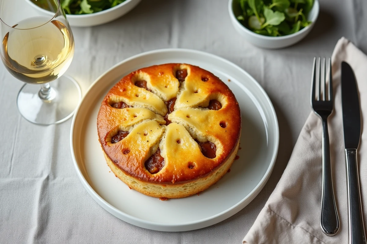 Cake salé aux lardons et gruyère entier servi sur table avec salade verte et verre de vin blanc