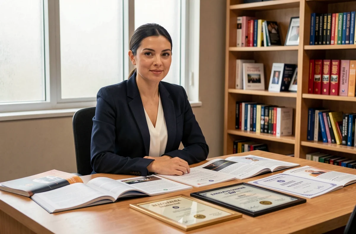 Jeune femme en blazer navy comparant des diplômes et des certificats de formation professionnelle dans un bureau universitaire moderne