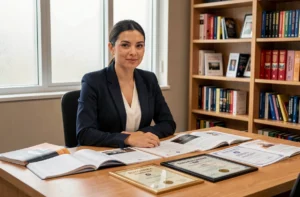 Jeune femme en blazer navy comparant des diplômes et des certificats de formation professionnelle dans un bureau universitaire moderne