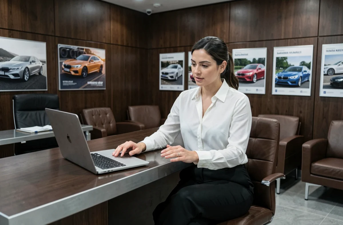 Conseillère experte en véhicules haut de gamme accueillant un client dans un bureau spécialisé en automobiles de prestige