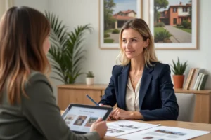Conseillère immobilière présentant des biens à des clients dans une agence immobilière à Perpignan