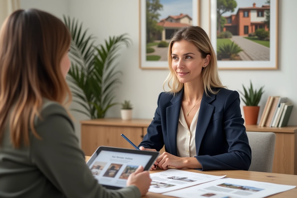 Conseillère immobilière présentant des biens à des clients dans une agence immobilière à Perpignan