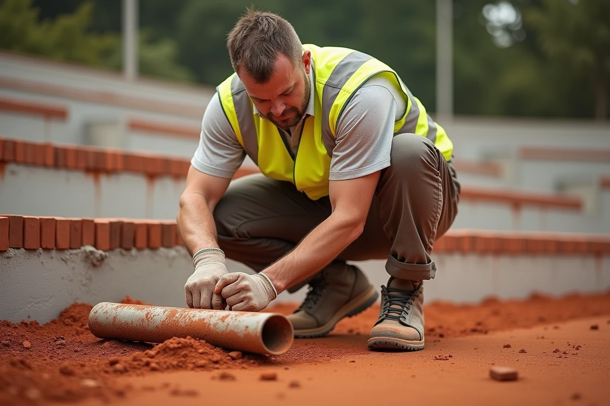 Ouvrier appliquant la couche de surface en terre battue rouge sur un terrain de tennis en construction avec un râteau spécialisé
