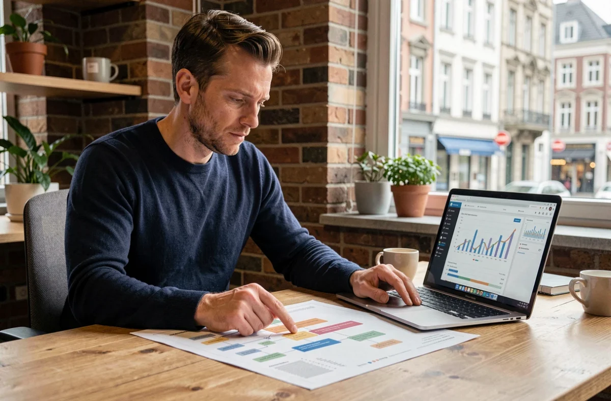 Consultant en référencement belge analysant un plan de site imprimé et un tableau de bord analytique sur un bureau en bois dans un bureau moderne à Bruxelles
