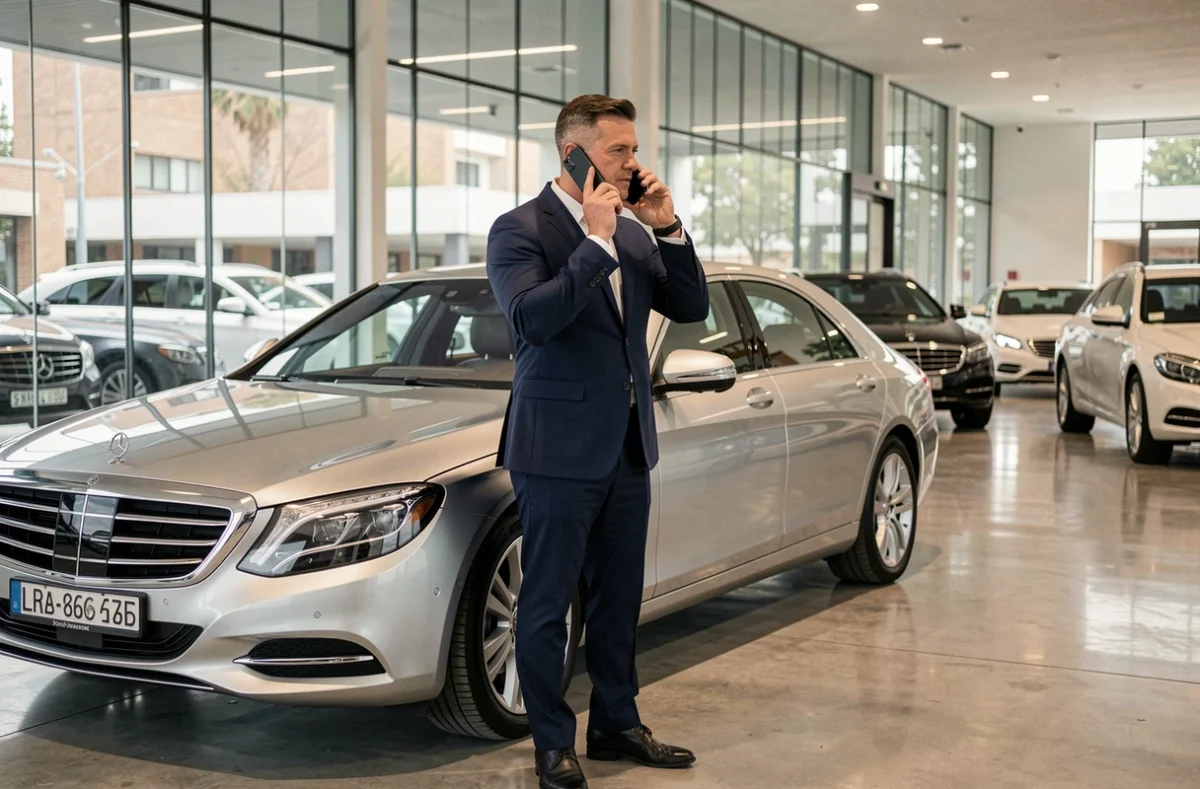 Homme en costume marine contactant une équipe experte en véhicules de prestige par téléphone dans un showroom de luxe
