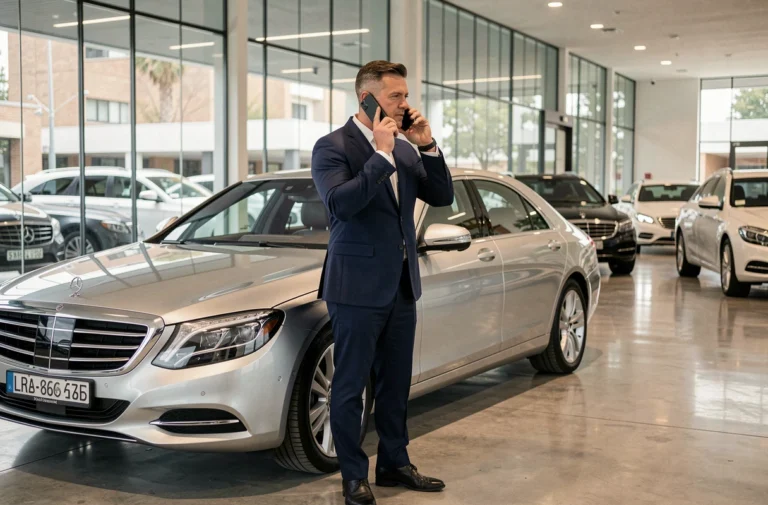 Homme en costume marine contactant une équipe experte en véhicules de prestige par téléphone dans un showroom de luxe
