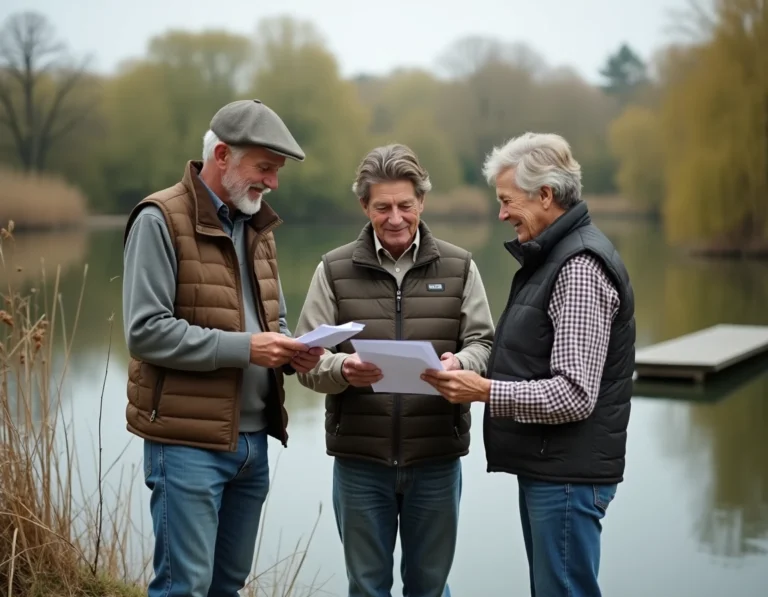 Trois copropriétaires adultes discutant de documents au bord d'un étang rural entouré de saules et de roseaux