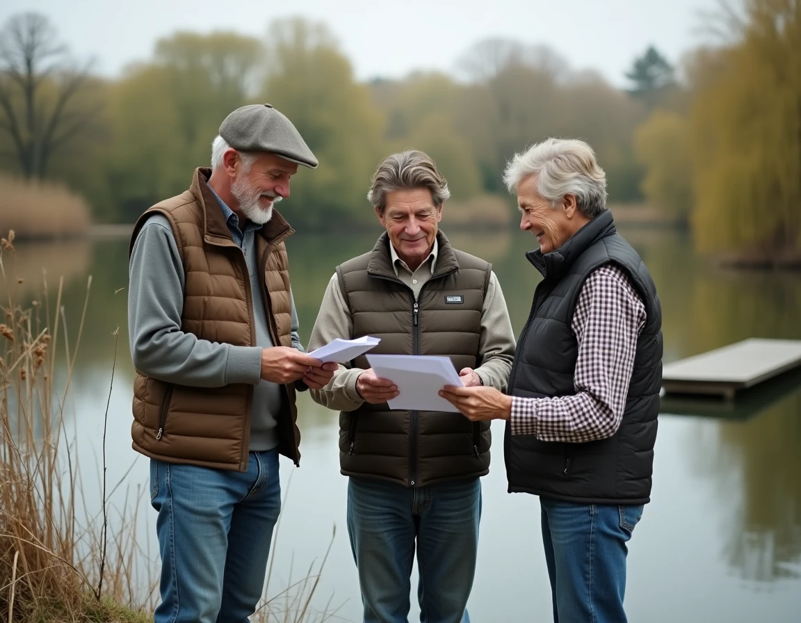 Trois copropriétaires adultes discutant de documents au bord d'un étang rural entouré de saules et de roseaux