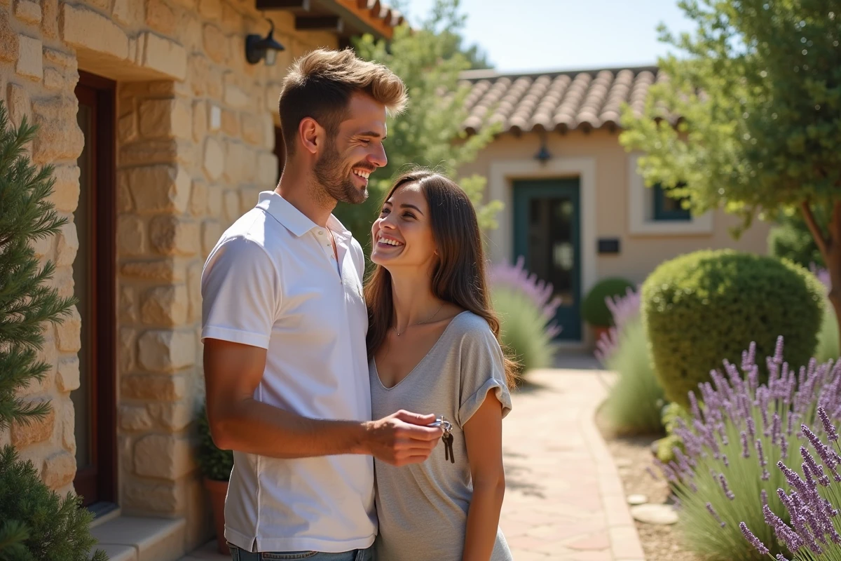 Couple heureux devant leur nouvelle maison acquise via une agence immobilière à Perpignan