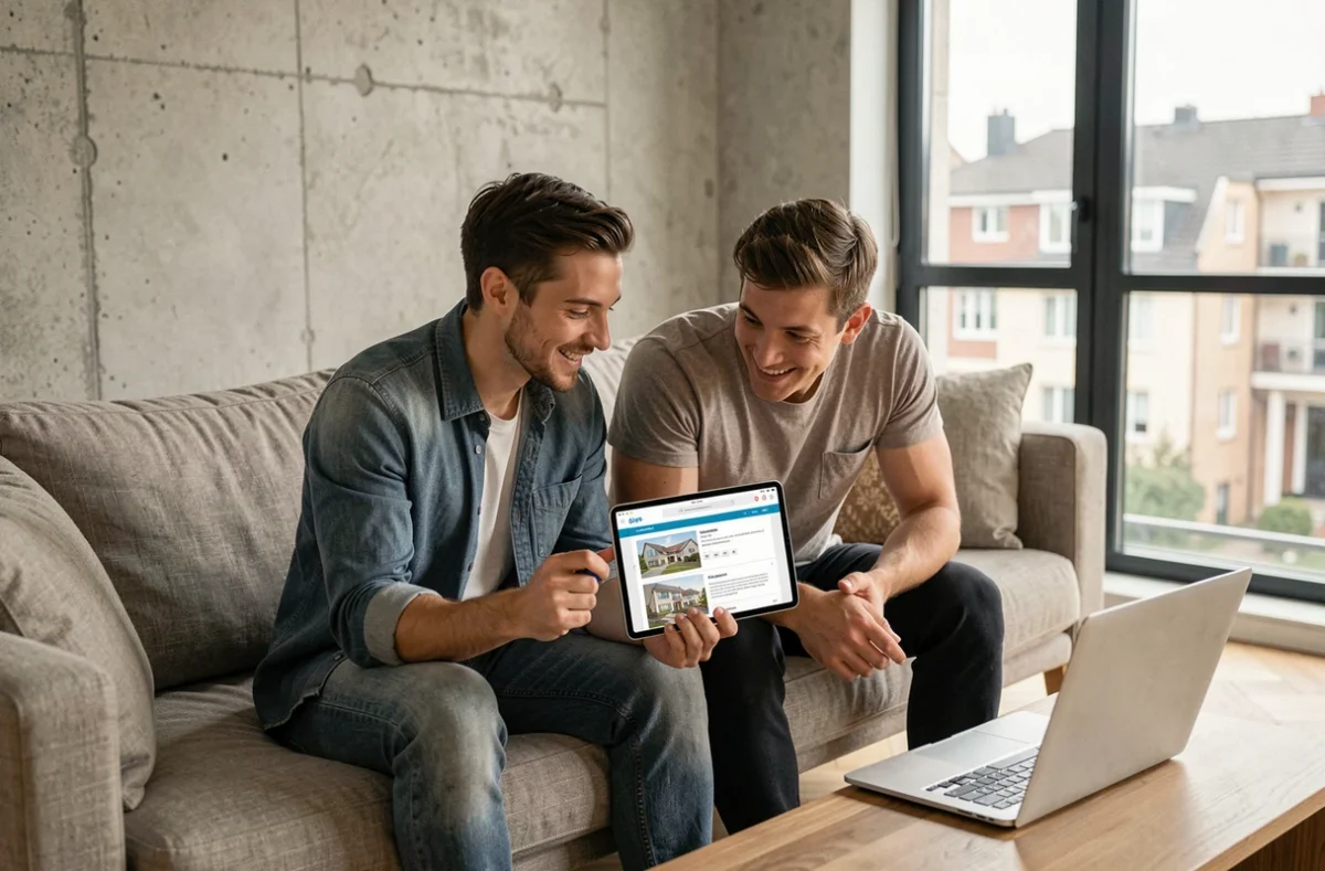 Couple de jeunes acheteurs consultant des annonces immobilières sur une tablette dans un appartement moderne