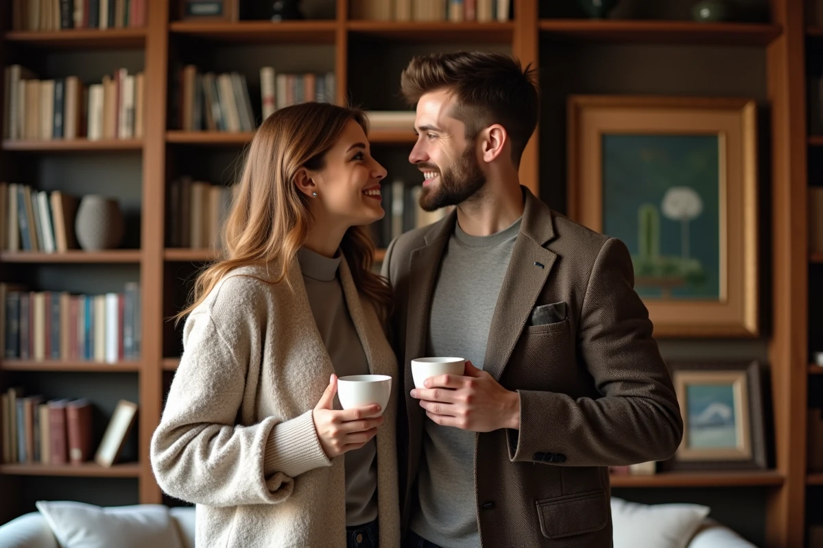 Couple dans une bibliothèque chaleureuse