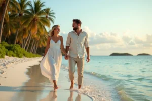 Couple de jeunes mariés marchant pieds nus sur une plage tropicale isolée pour leur voyage de noces, vagues turquoise et palmiers en arrière-plan