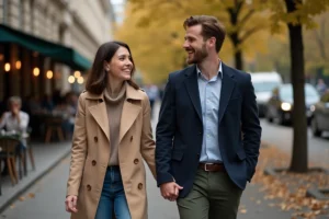 Couple en ville automnale souriant main dans la main