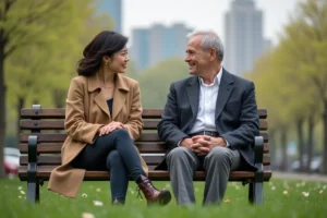Couple élégant en parc urbain au printemps