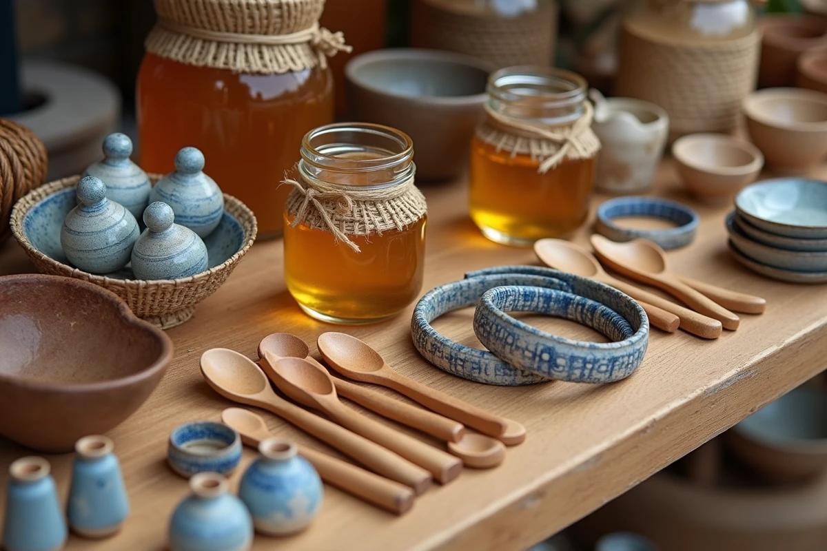 Détail d'un étal de marché artisanal à Corinthe avec objets en bois d'olivier et céramiques peintes