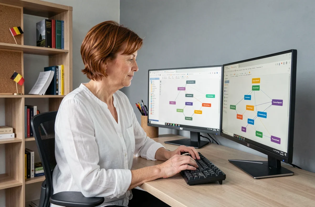 Développeuse web belge examinant une structure de plan de site XML sur deux écrans dans un bureau à domicile à Gand pour optimiser le référencement d'un site e-commerce