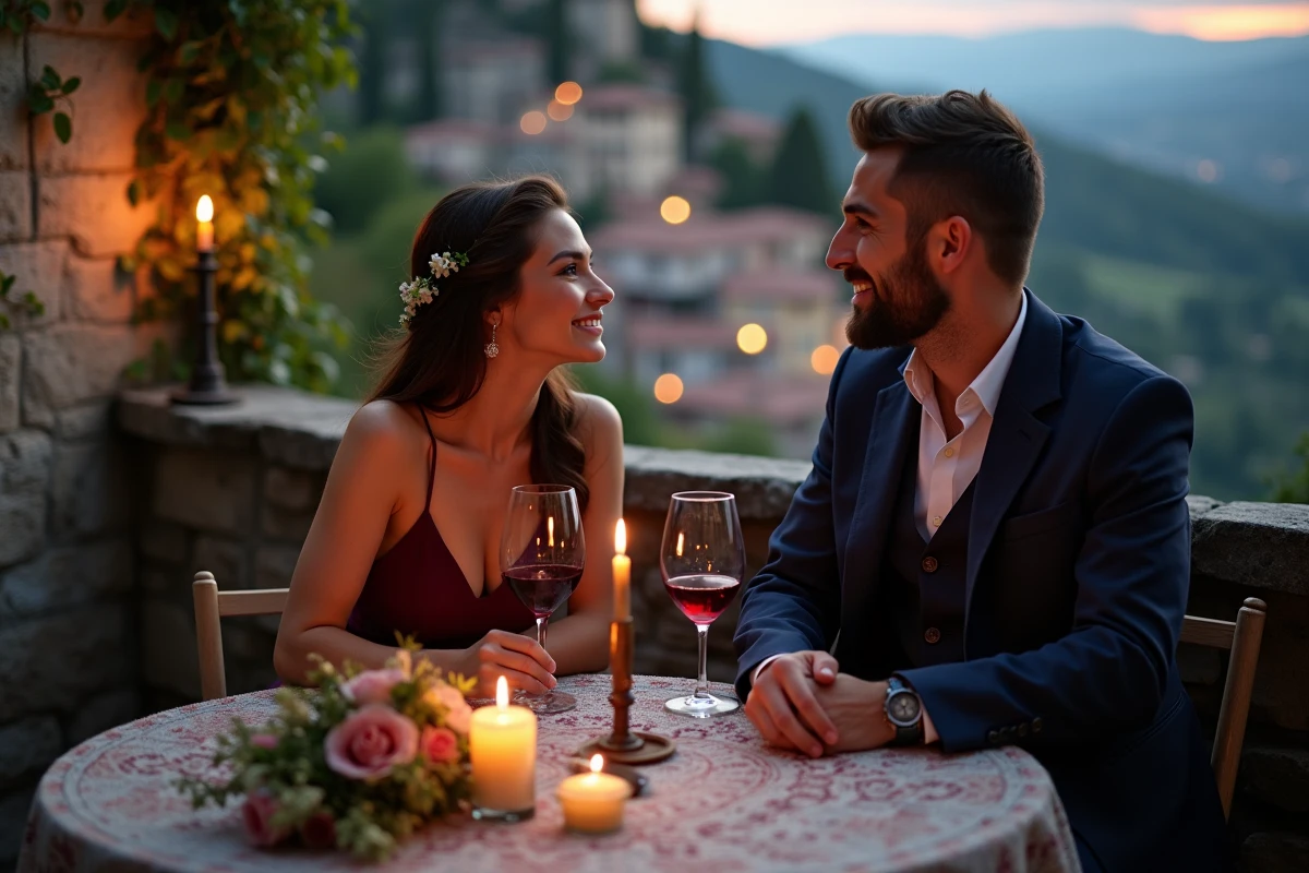 Couple de mariés dînant en tête-à-tête sur une terrasse en pierre en Italie avec vue sur un village en terrasse lors de leur lune de miel romantique