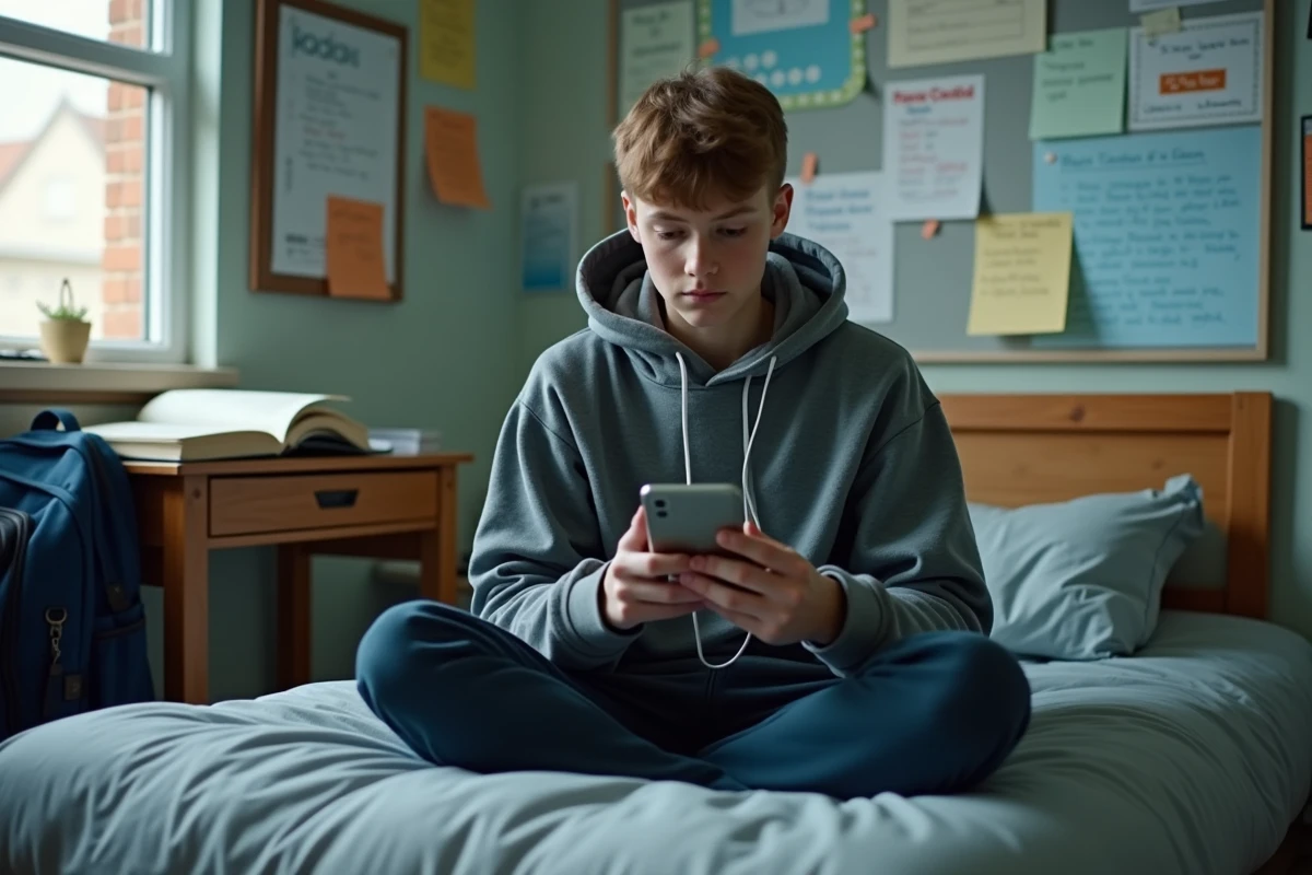 Adolescent utilisant son smartphone pour accéder au portail scolaire Arena Amiens depuis sa chambre
