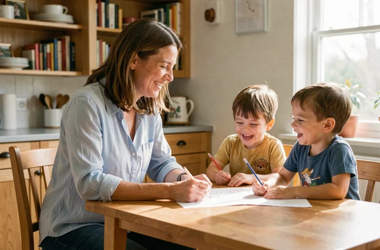 Elsa Fourlon souriante avec ses enfants autour d'une table en bois dans un intérieur familial chaleureux