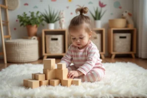 Petite fille joue avec des blocs en bois dans un salon chaleureux