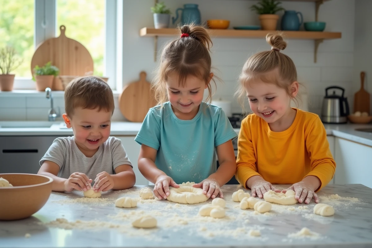 Enfants cuisinant et façonnant la pâte à la maison