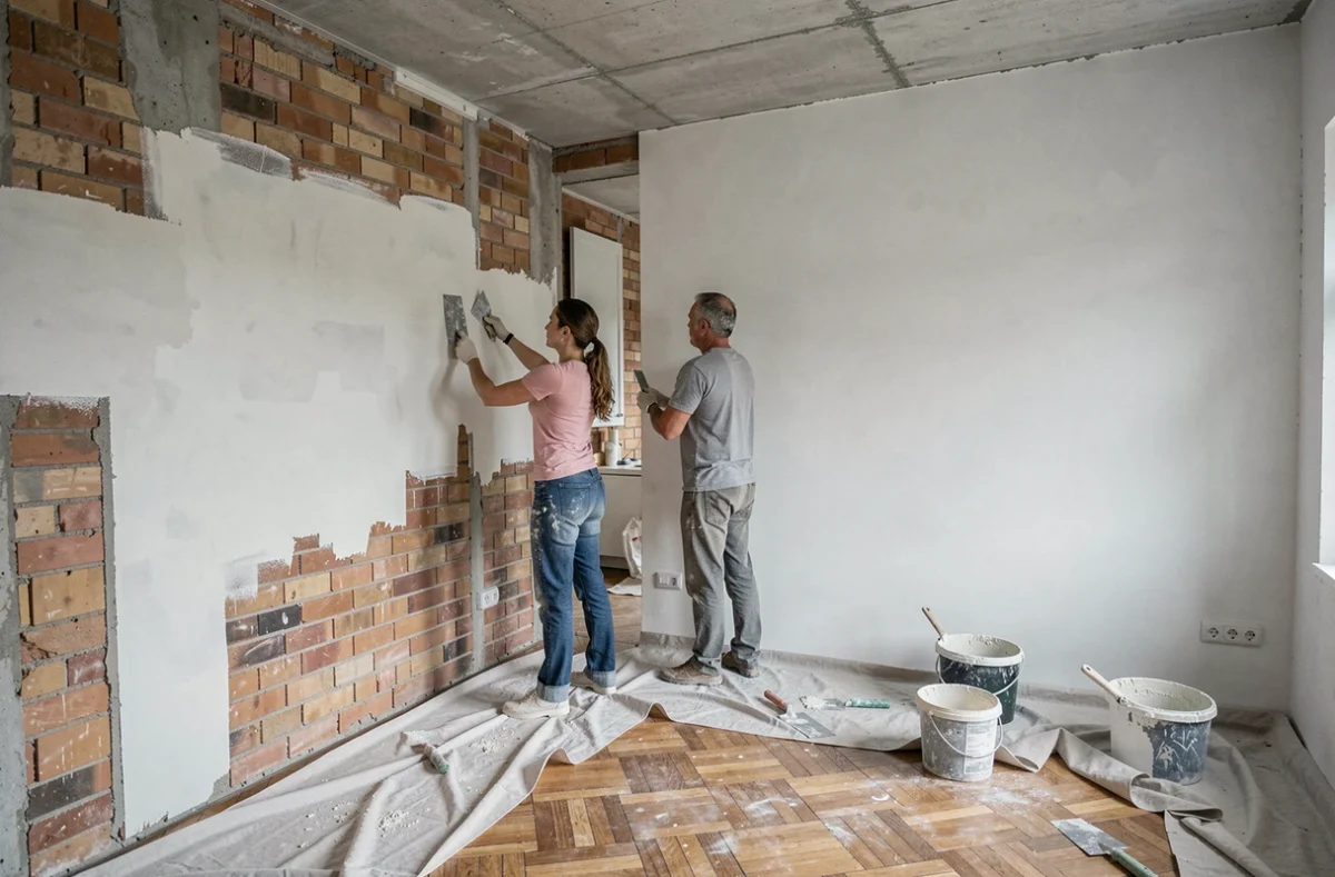 Équipe de rénovateurs appliquant du plâtre sur les murs intérieurs d'un appartement en rénovation en Suisse