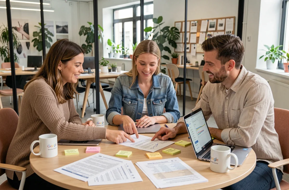 Une équipe de spécialistes SEO français collabore autour d'un audit de référencement dans une agence digitale moderne