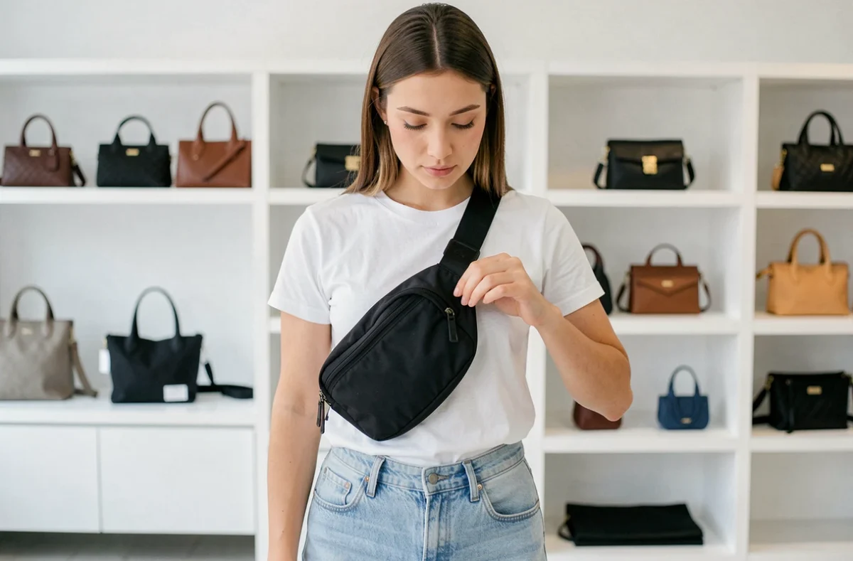 Jeune femme essayant un sac banane en bandoulière pour vérifier la longueur de la sangle en boutique