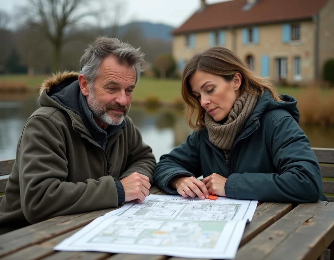 Deux copropriétaires étudiant un plan cadastral et des documents juridiques à une table en bois près d'un étang