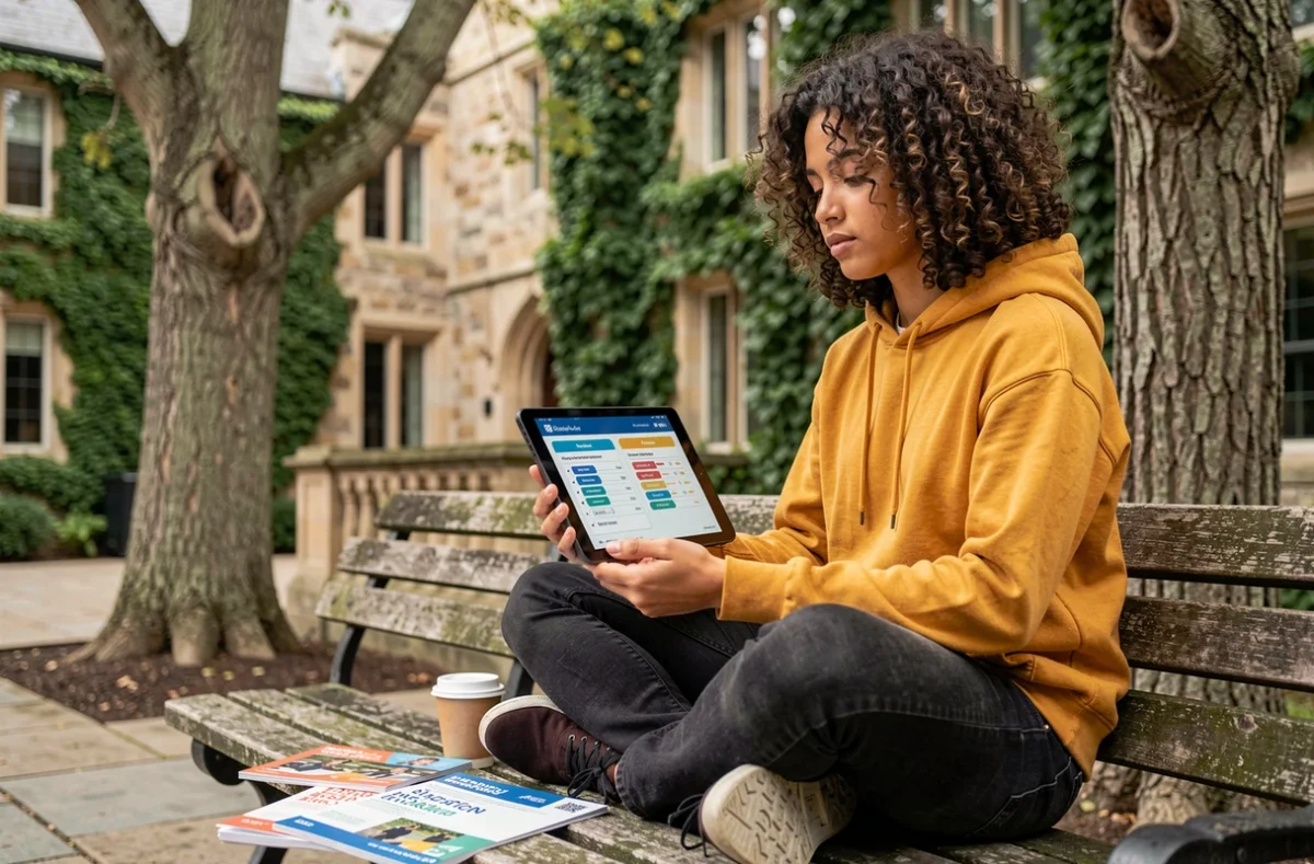 Étudiant assis sur un banc de campus consultant une comparaison de parcours entre diplôme académique et formation certifiante sur tablette