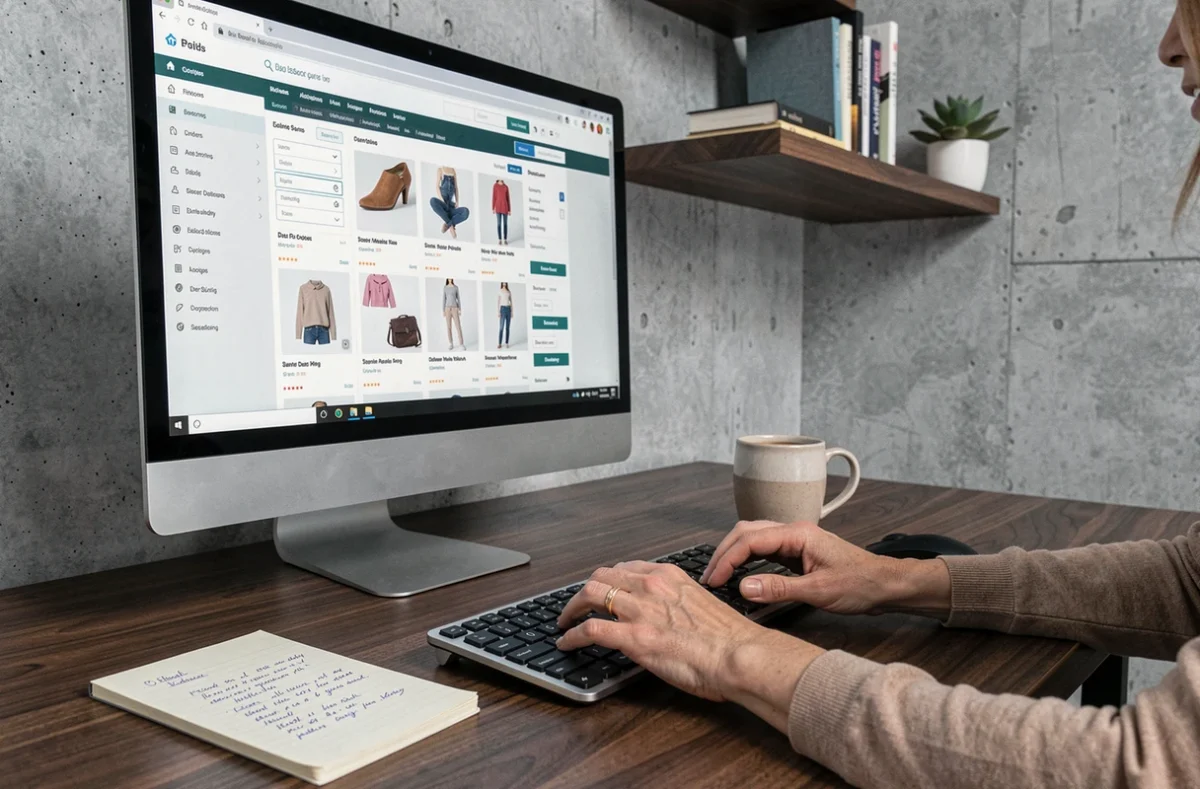 Mains d'une femme explorant les catégories et filtres d'une boutique en ligne sur un ordinateur de bureau