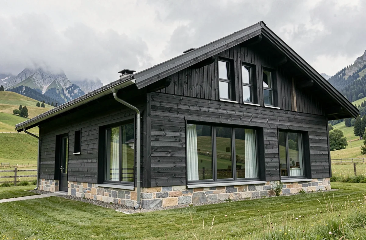 Façade rénovée d'un chalet suisse avec bardage bois anthracite et fondations en pierre sur fond de paysage montagnard