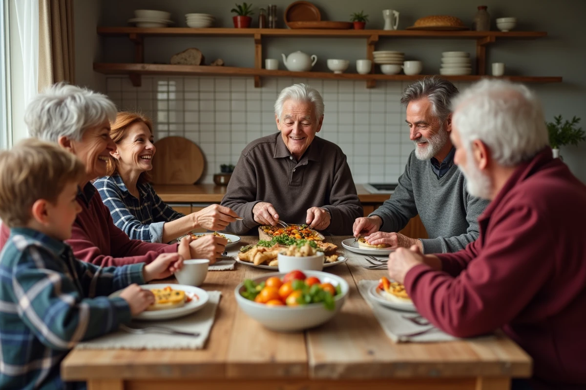 Famille multigenerational partageant un repas convivial