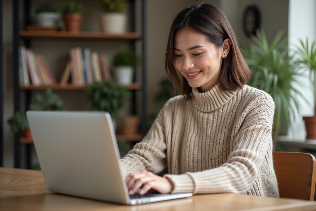 Femme souriante en pull beige devant ordinateur à la maison