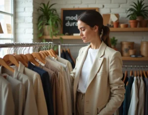 Jeune femme explorant des vêtements vintage dans une boutique de mode éthique et durable