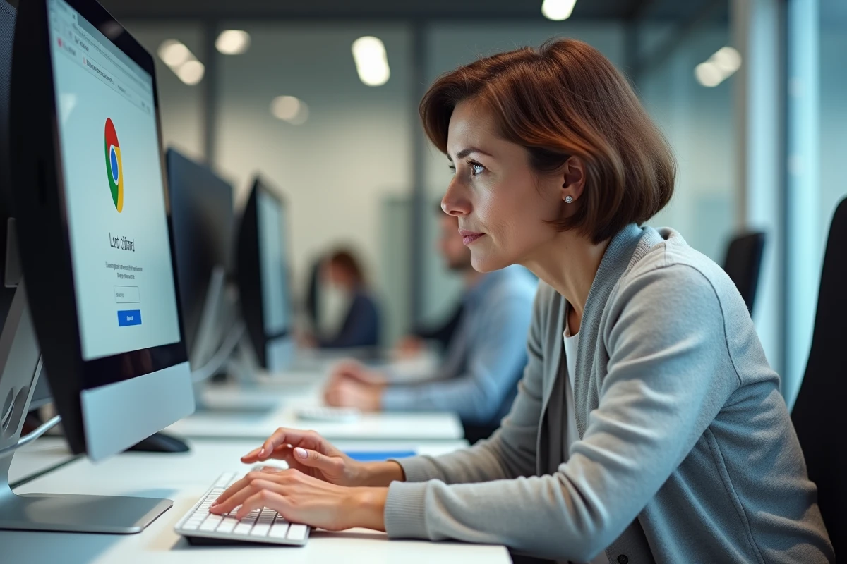 Femme en bureau professionnel cherchant à résoudre le problème de fermeture intempestive de Chrome sur un ordinateur de bureau