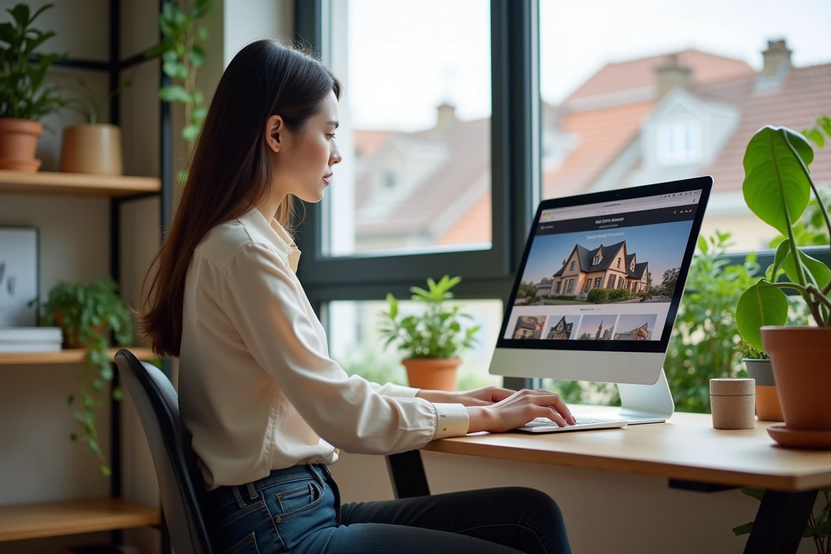 Jeune femme au bureau avec ordinateur immobilier
