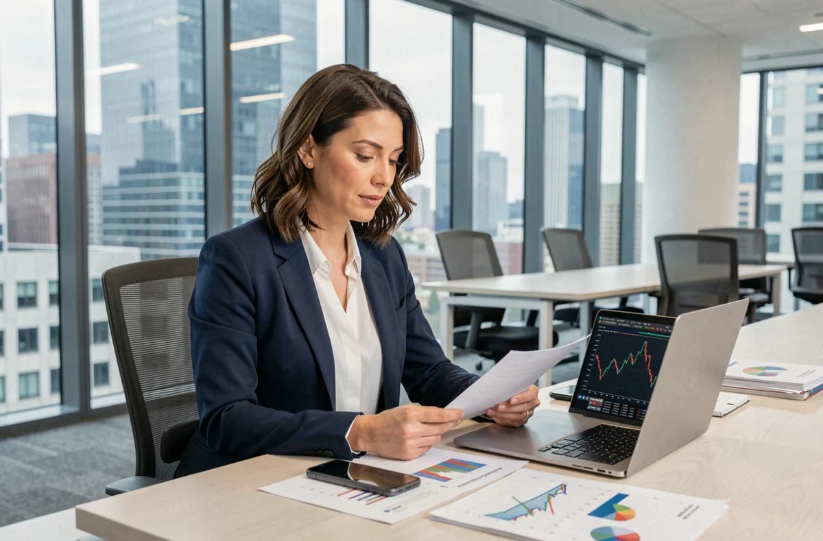 Femme cadre financière analysant des graphiques boursiers dans un bureau moderne avec vue sur la ville