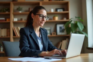 Femme consultant le service Cadessavoies en ligne pour une procédure de succession sur ordinateur portable