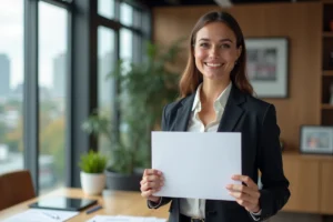 Femme confiante signant un contrat immobilier dans un bureau moderne